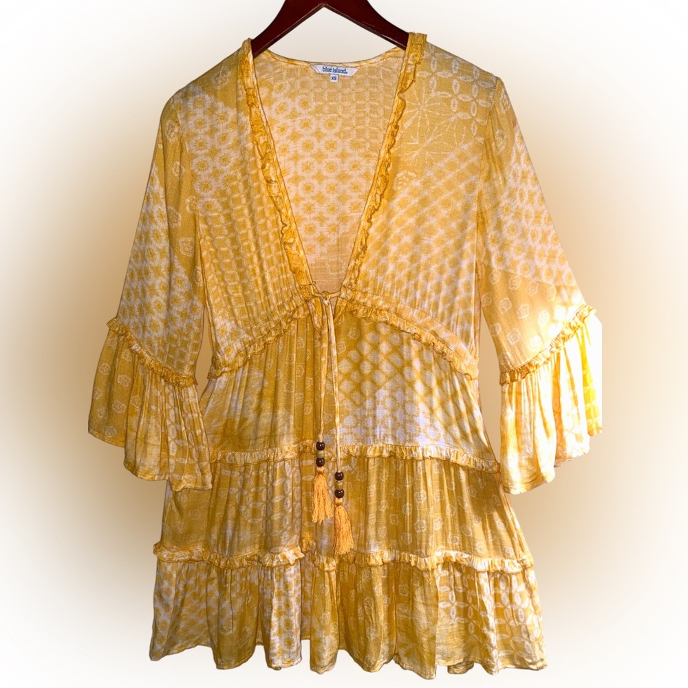 blue island Yellow Printed Boho Tie-Front Dress